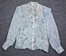 Hemant & Nandita Tara Shirt Women Medium Blue Floral Multi Sheer Mock Neck EUC