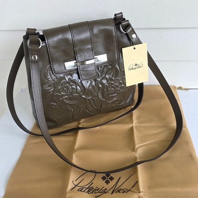 NWT Patricia Nash Larone ROSE TOOLED MUSHROOM BROWN Leather Shoulder Bag