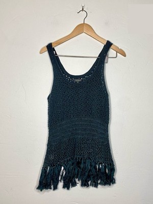 Lucky Brand Crochet Fringe Hem Scoop Neck Tank Top Black Womens M