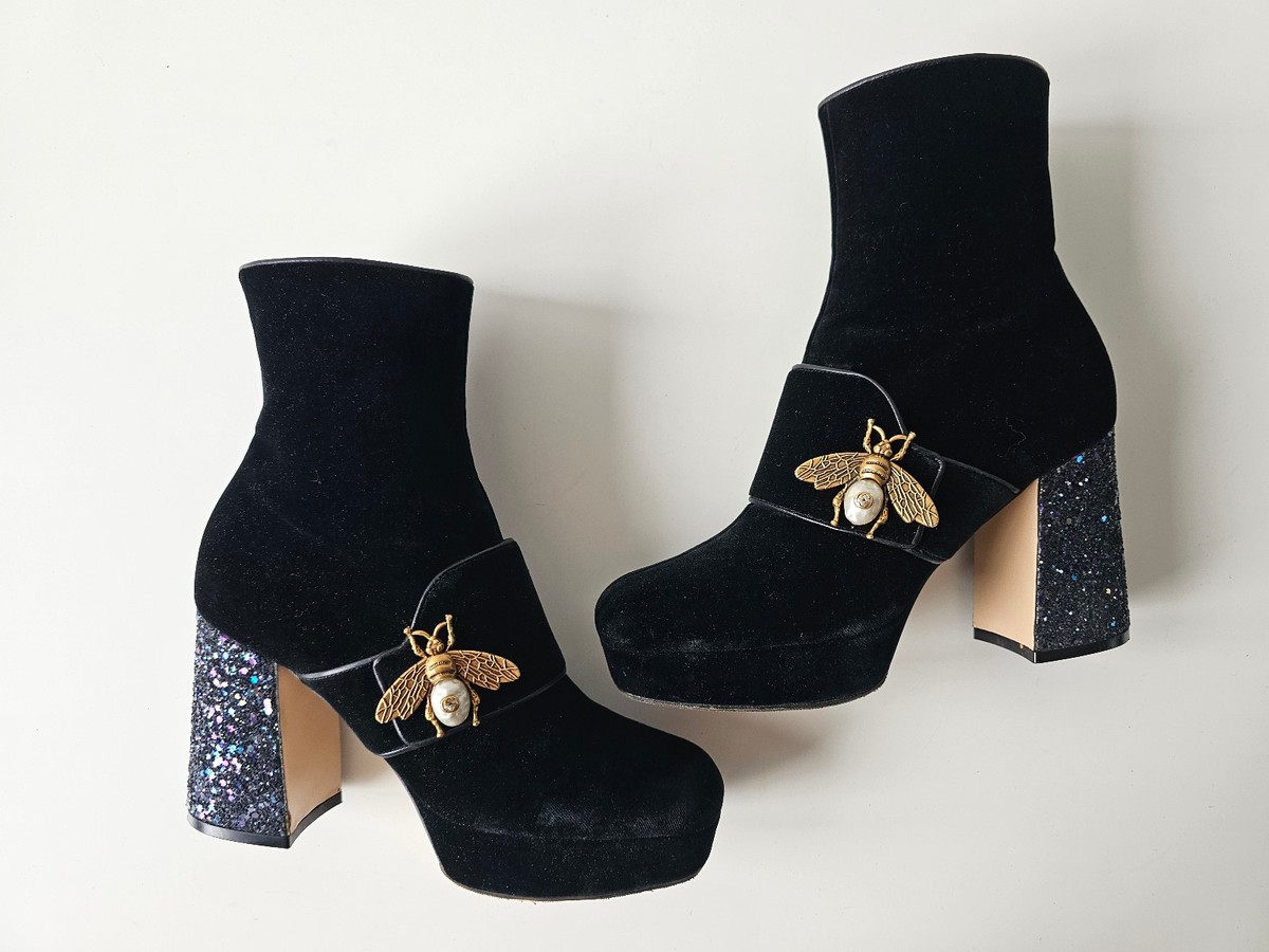 Gucci Soko Bee Black Velvet Platform Glitter Heel Boots 37.5 | eBay