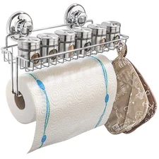 Suction Cup Paper Towel Holder With Shelf and Hooks - Wall Mount Metal Organi...