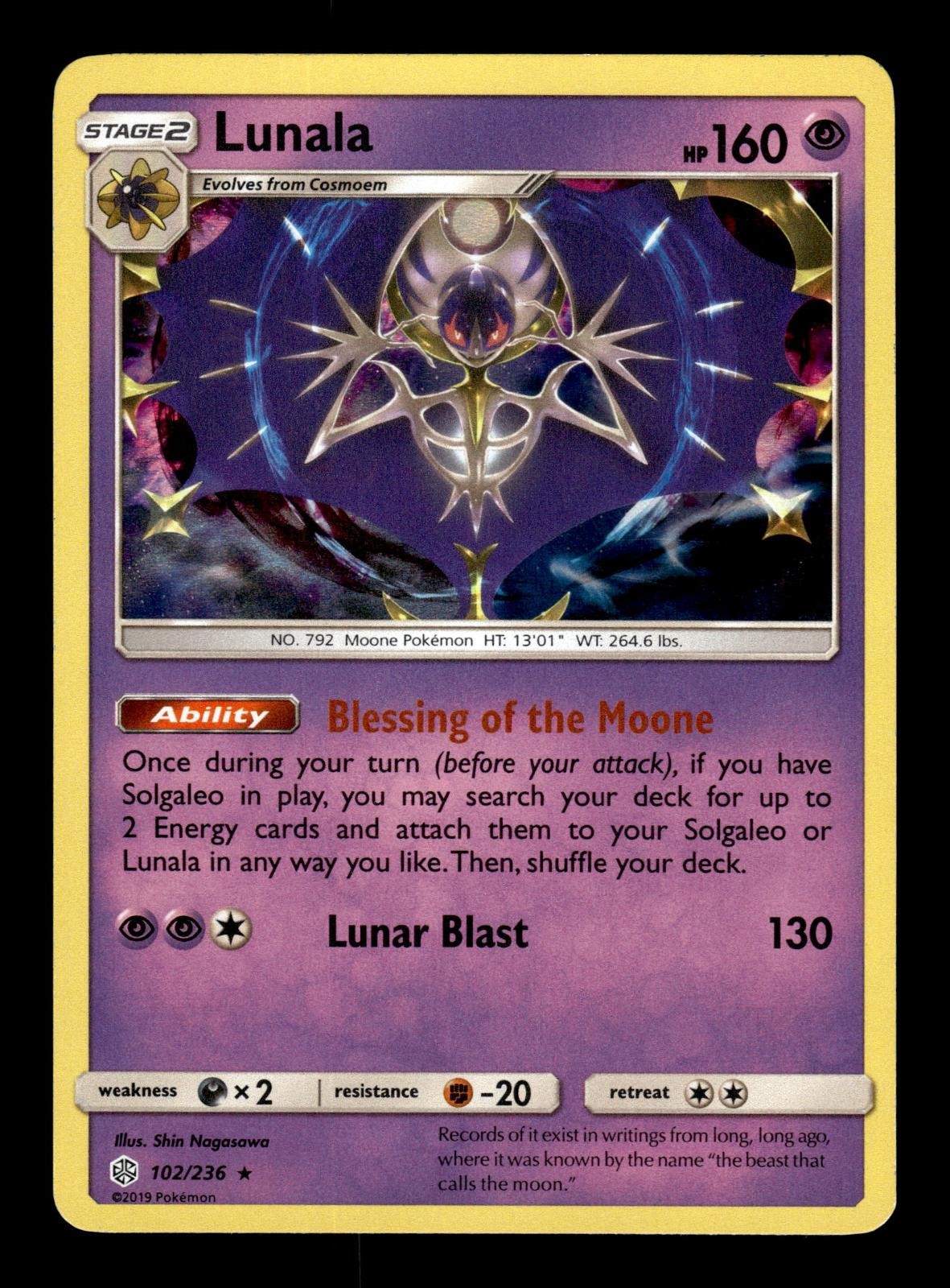 Lunala 102/236 Holo Rare Cosmic Eclipse Pokemon Near Mint