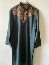 Indian/Pakistani men's kurta shirt in deep dark green with rust color embriodery