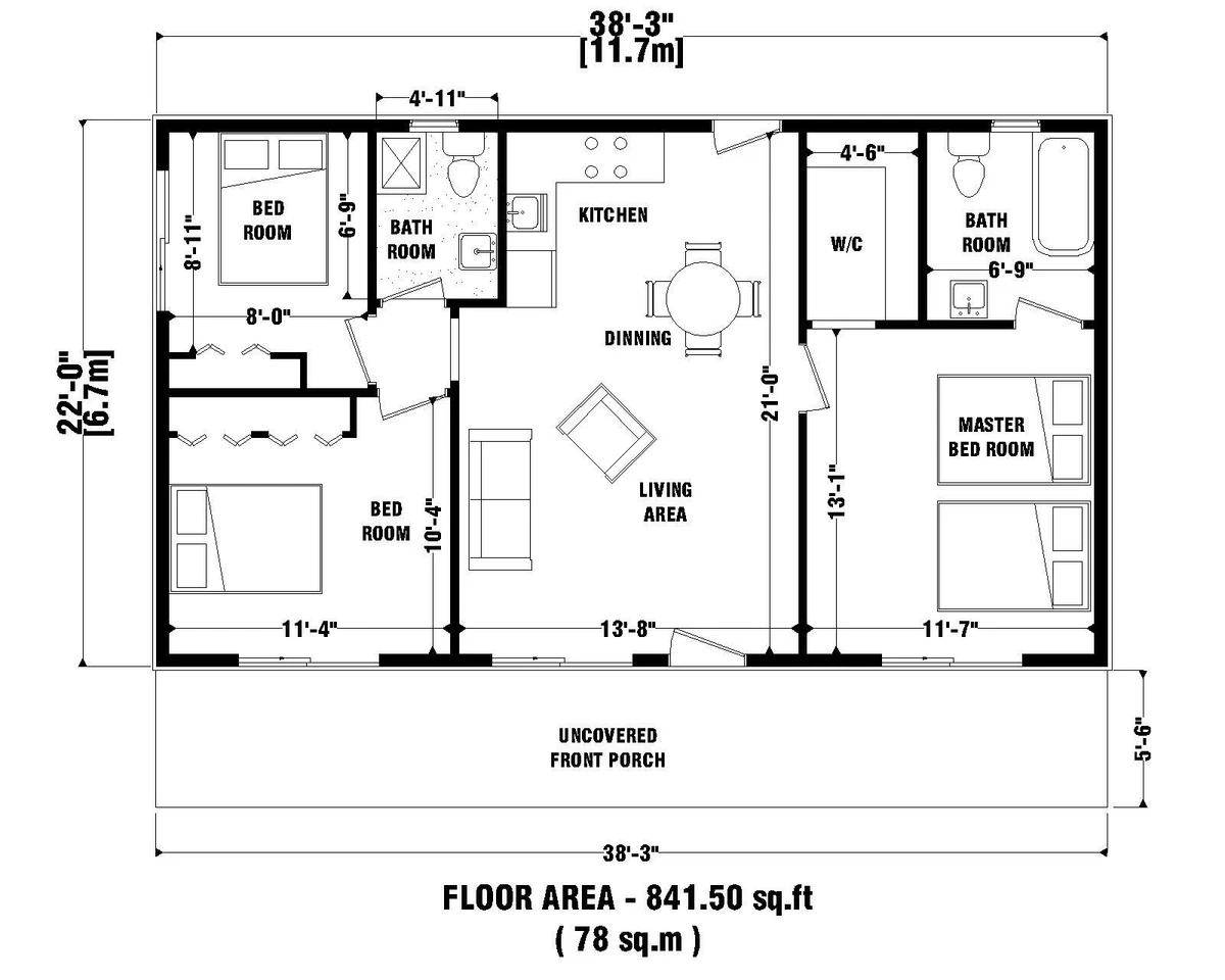 Custom 841 Sq.Ft Modern House Plans 3 Bedroom &Amp; 2 Bathroom With Free  Cad | Ebay