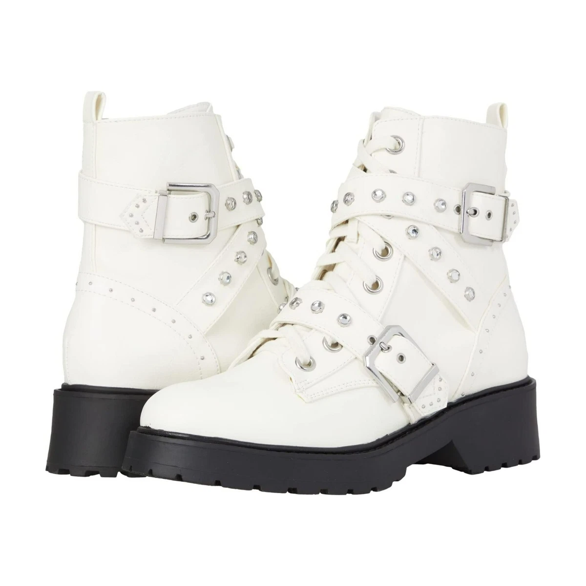 NEW XOXO BOOTS WOMENS 6.5 WHITE SILVER GREGOR MOTO ANKLE LUG SOLE