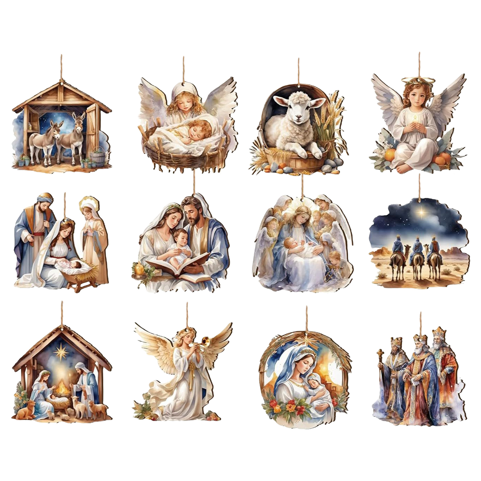 12X Christmas Carved Wood Keepsake The Birth Of Jesus Decor Christmas Tree Decor