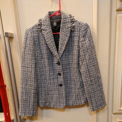 Apostrophe Short Blazer Jacket Tweed Fringe Black/White 8P Wool