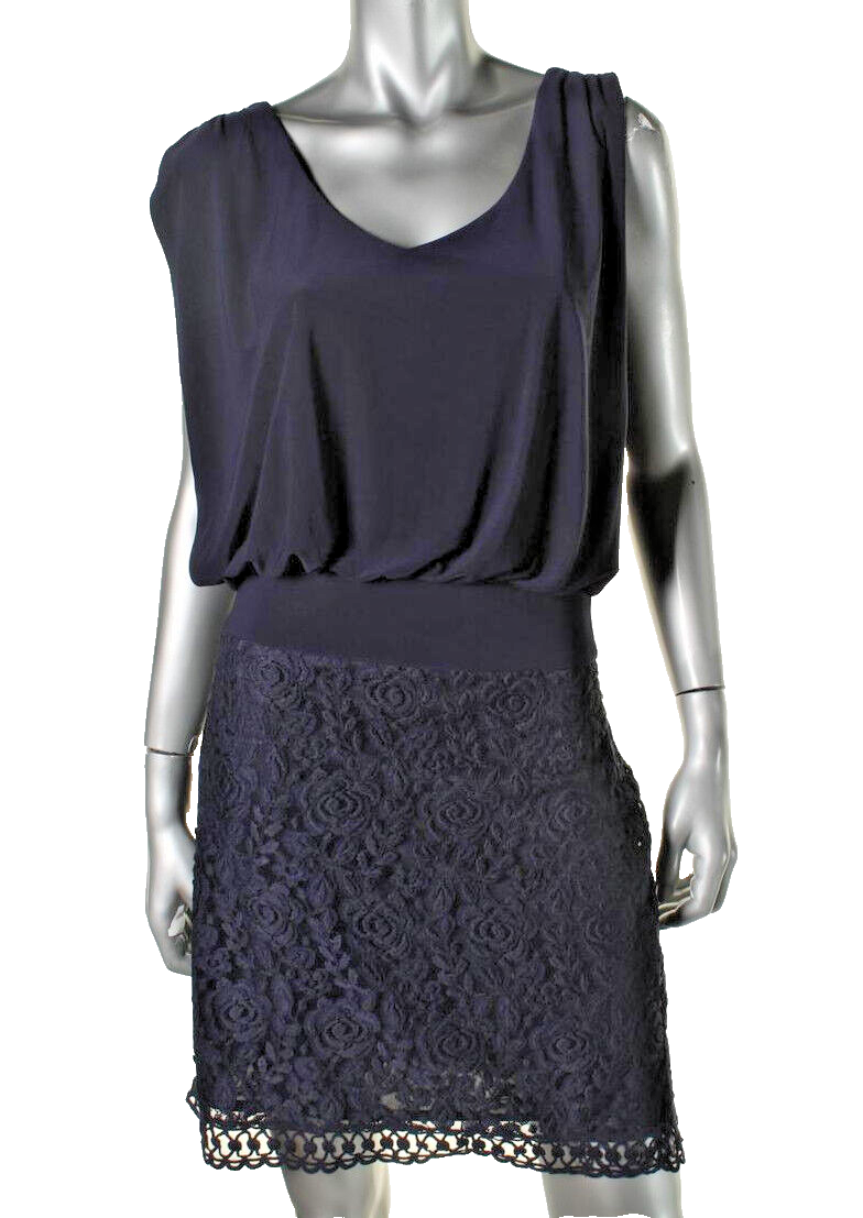 Laundry ~ Navy Jersey Blouson Draped V-Neck Lace Skirt Party Dress 2 NEW  $148