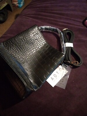 #ad #ad AOTA BLACK FAUX CROC EMBOSSED BUCKET BAG CROSSBODY PURSE PETA APPROVED VEGAN NEW