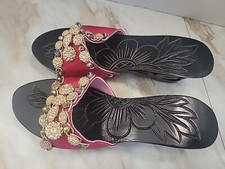 Decorated Wooden Carved Wedged Heel Shoe Bead Work And Carvings
