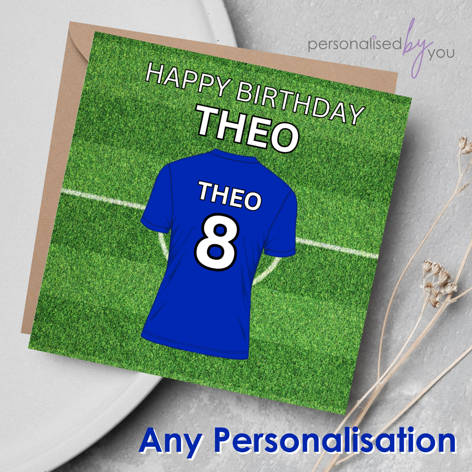 Personalisierte blaue Fußball Geburtstagskarte beliebiger Name, Alter & Nachricht kostenloser Versand