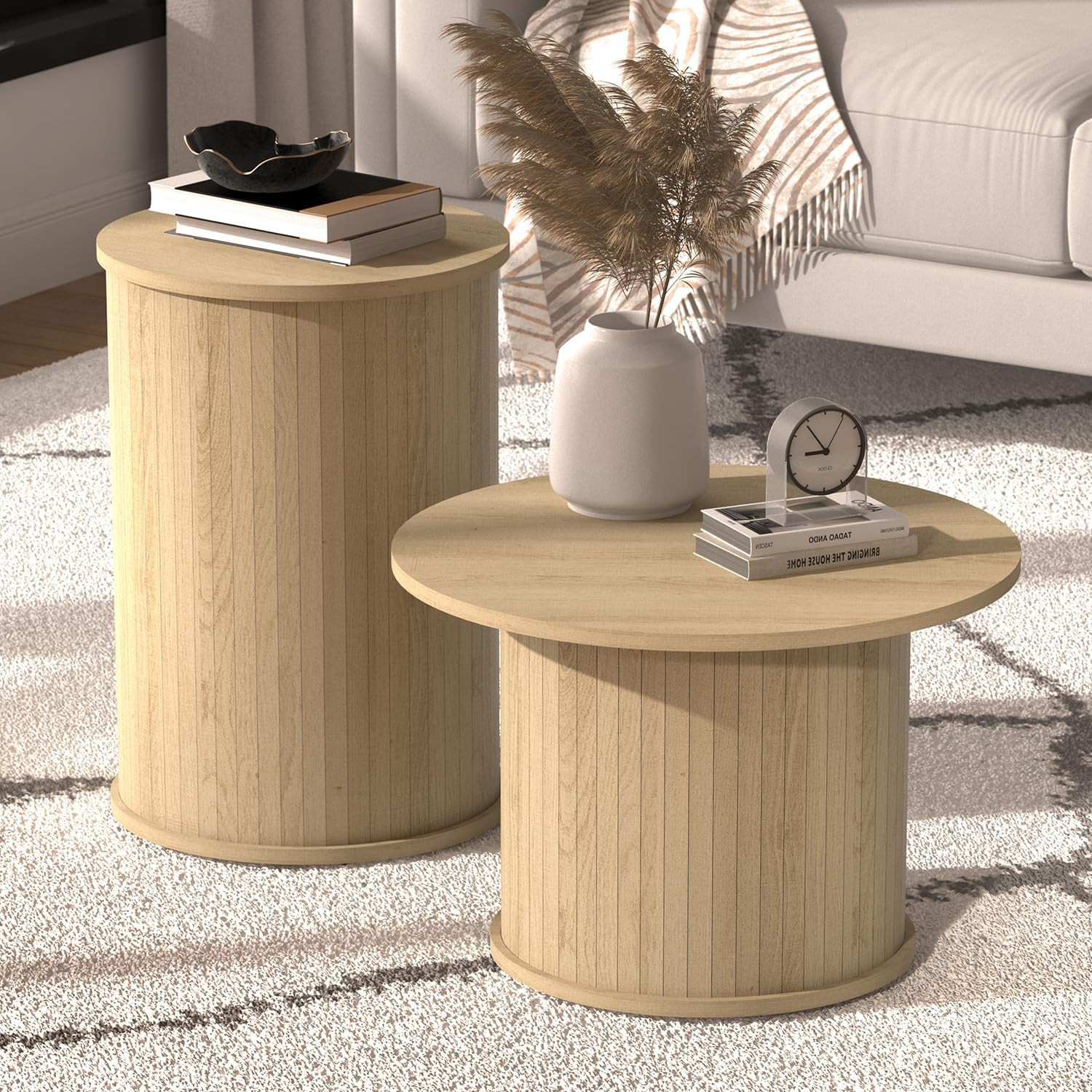 Modern Nesting Round Wood Coffee Tables Set for Small Spaces