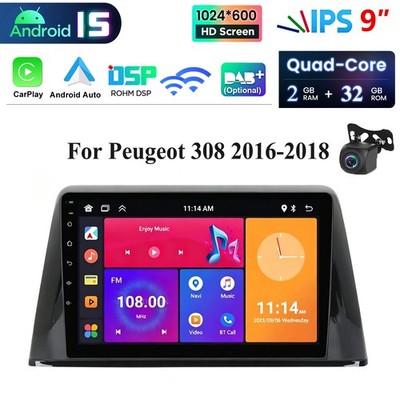 9''Android 15 Autoradio GPS SAT Navi 32G BT Carplay KAM For Peugeot 308 2016-2018