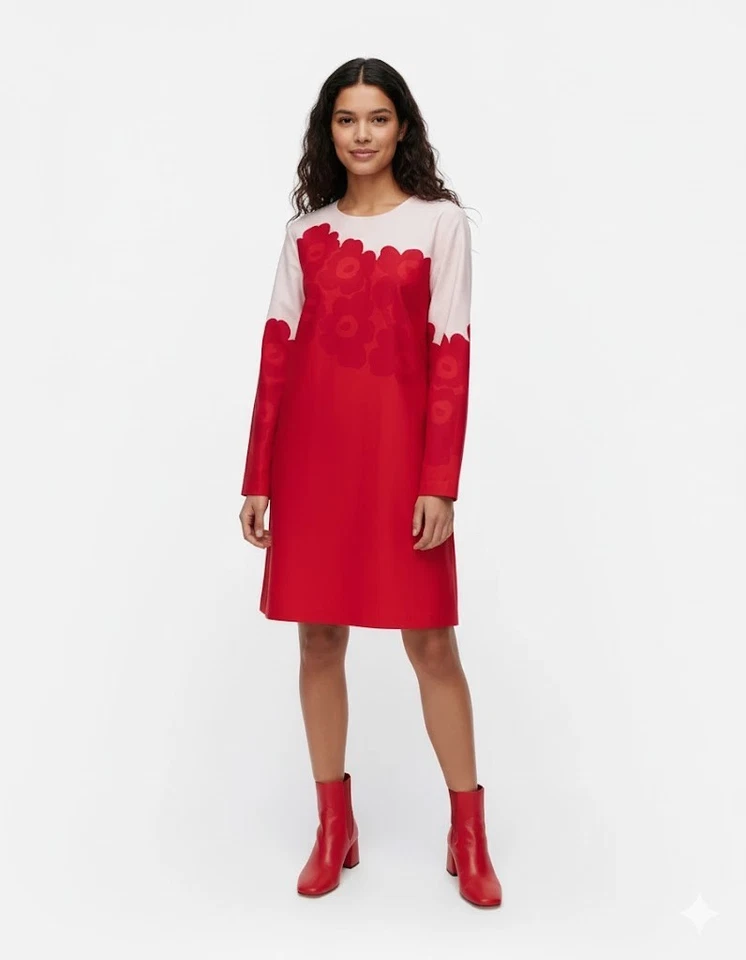 Nuevo con etiquetas Vestido recto Marimekko Sieva Unikko en rojo rosa floral algodón lino 40 Foto 2 de 4