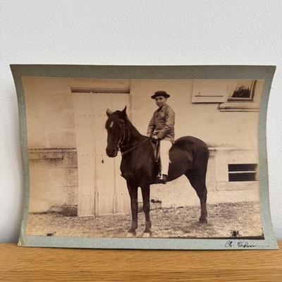 Albumin Photo Glued on Cardboard Portrait of Man on Horse 19th Century K469