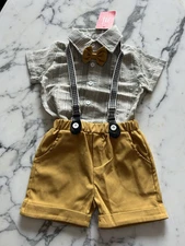 Pat Pat Little Boys 3pc Set Shirt W/Tie Suspenders & Shorts Size 2Y, 3-4Y & 5-6Y