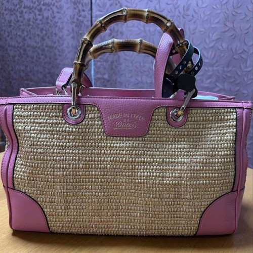 Gucci 323660 Bamboo Shopper Medium Tote Bag Straw Pink Leather Handbag Two Way
