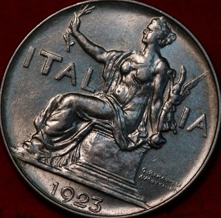 Uncirculated 1923 Italy 1 Lira Stainless Steel Foreign Coin