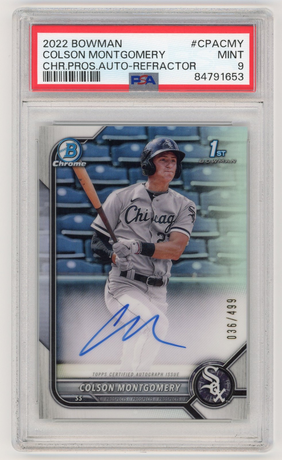 2022 BOWMAN CHROME COLSON MONTGOMERY AUTO /499 REFRACTOR PSA 9 1ST #CPA-CMY SOX