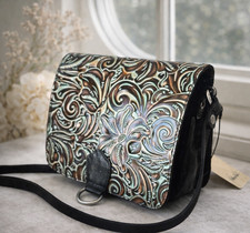 Patricia Nash Ilina Leather Floral Embossed Tooled Turquoise Crossbody Handbag 