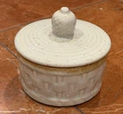 MCCOY USA POTTERY BUTTER 4.75" CROCK JAR & LID MCM BASKET WEAVE FINIAL BLUE EUC