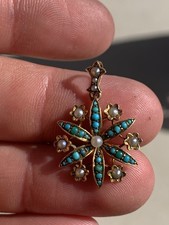 15ct Gold Turquoise Seed Pearl Pendant, Victorian Art Nouveau 15k 625 3.3G