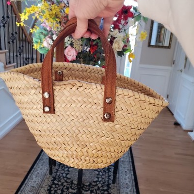 Petite French Market Bag by Designer Jeanne Beatrice w 2 Brown Leather Handles