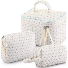 Paterr Makeup Bag Set 3 Pcs Large Quilted Cotton Make up Bags for Women White