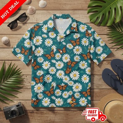 Orange Butterfly Daisy Flower Hawaiian Shirt
