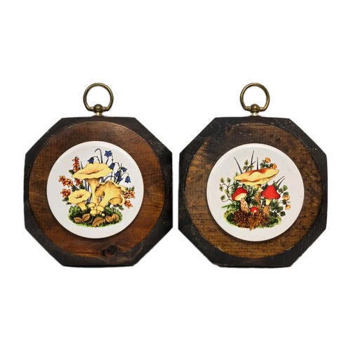 Vtg Mushroom Wall Hanging Art Decor Ceramic Wood 2 Piece Set 70s 6.75 In Tall - Image 1
