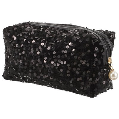 Black Sequin Makeup Organizer Bag - Portable Travel Cosmetic Bag with Zipper,...