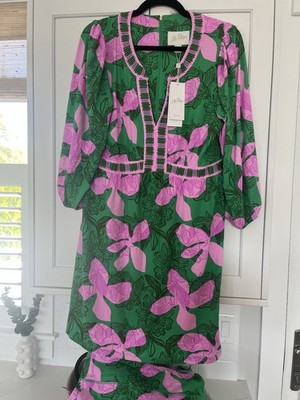 Lilly Pulitzer Size 12 Green Pink Floral Knit Shift V-Neck 3/4 Puff Dress
