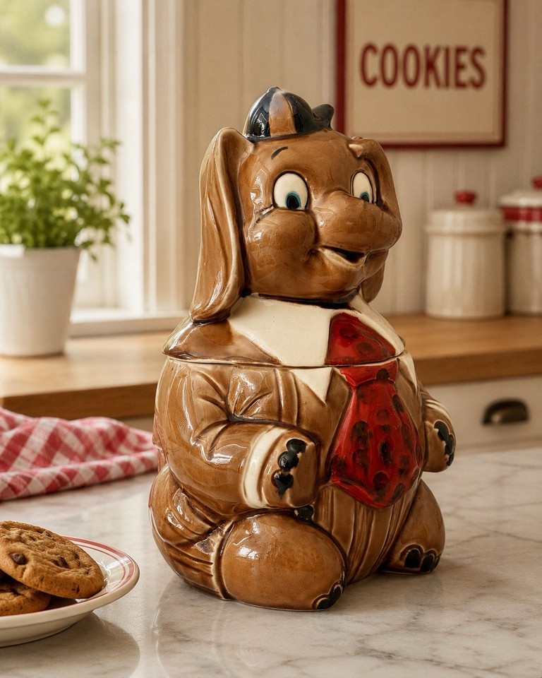 An 11" anthropomorphic ceramic elephant in a red tie and hat from Japan — peak mid-century kitsch that doubles as a white elephant gift pun made real.