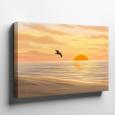 Sunset Ocean Canvas Wall Art Print with Flying Bird and Sandy Beach Scene Decor