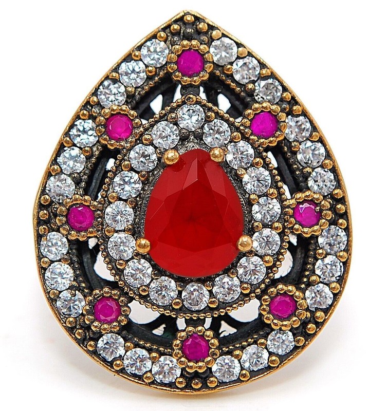 Ottoman Empire 14CT Garnet 925 Sterling Silver Ring Sz 8 H1-6