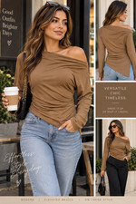 Women  s Small Brown Off Shoulder Draped Asymmetrical Long Sleeve Stretch Top New