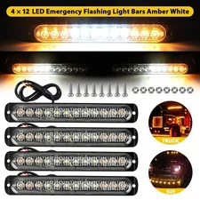 4PCS Amber/White 12 LED Car Truck Strobe Light Bar Flashing Warning Hazard Lamps