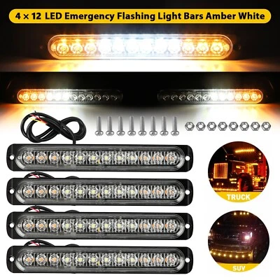 NSI 4PCS Amber/White 12 LED Car Truck Strobe Light Bar Flashing Warning Hazard Lamps