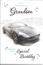 WONDERFUL GRANDSON BIRTHDAY GREETING CARD 9"X6" CAR, SPECIAL VERSE, SIMON ELVIN