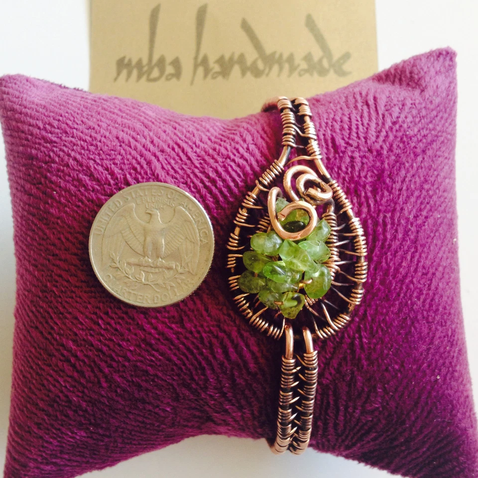 Women's Peridot Crystals Wire Wrapped Copper Cuff - Unique Handmade Jewelry - Image 3 of 4