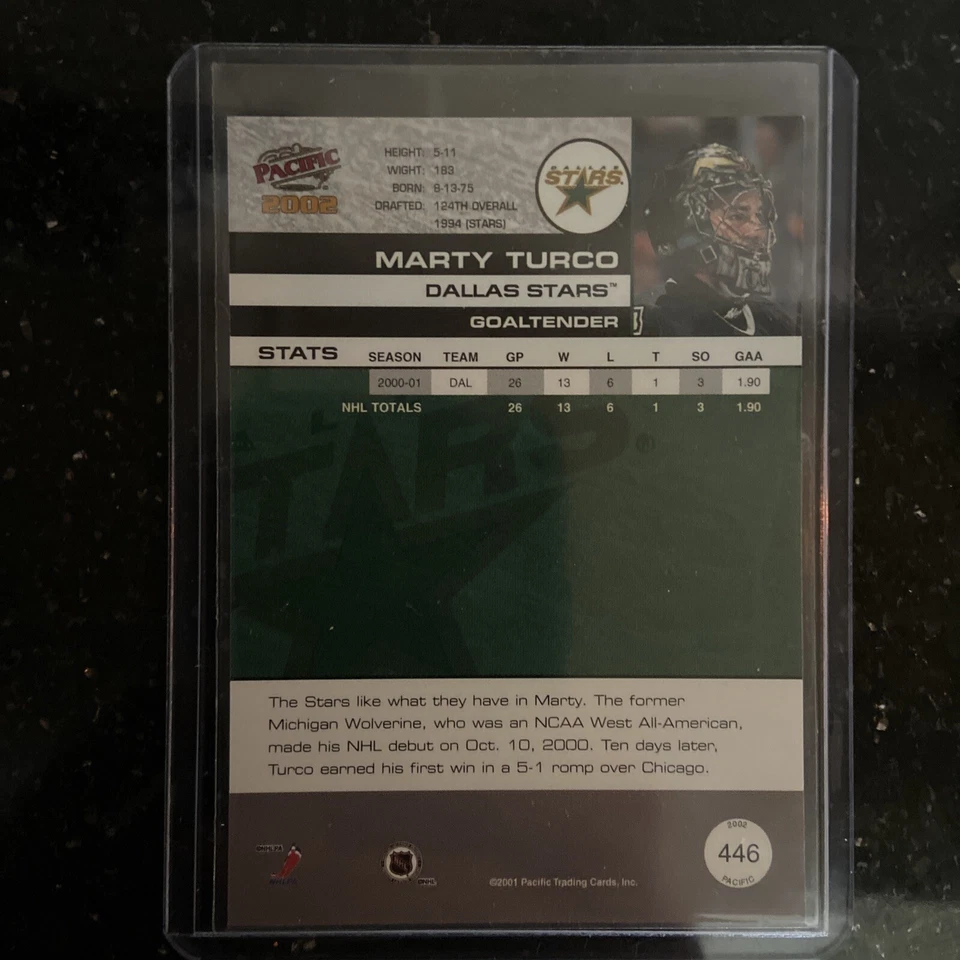 2001-02 PACIFIC MARTY TURCO AUTHENTIC AUTOGRAPH AUTO SILVER #ed 391/500 - Image 2 of 4