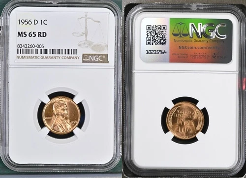 1956-D LINCOLN WHEAT CENT NGC MS65RD DETAILED COIN #E