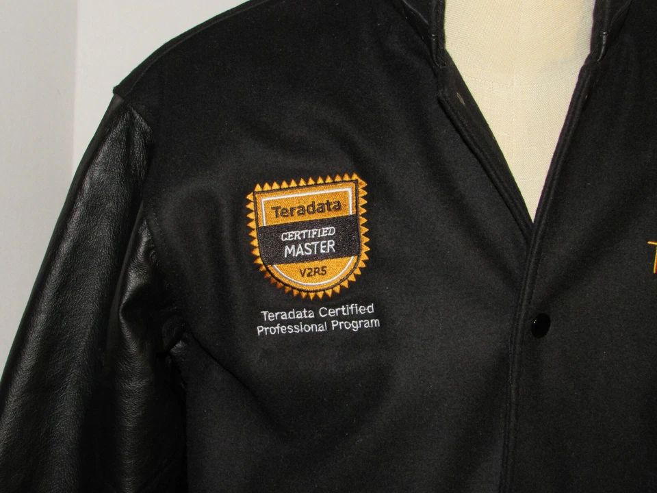 TERADATA 'CERTIFIED MASTER' BLACK WOOL VARSITY JACKET! LEATHER SLEEVES! NWT! S - Image 3 of 4
