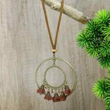 30-32" Sweater Leather Necklace With 3" Wood Pendant Tassel New Free Ship B1873