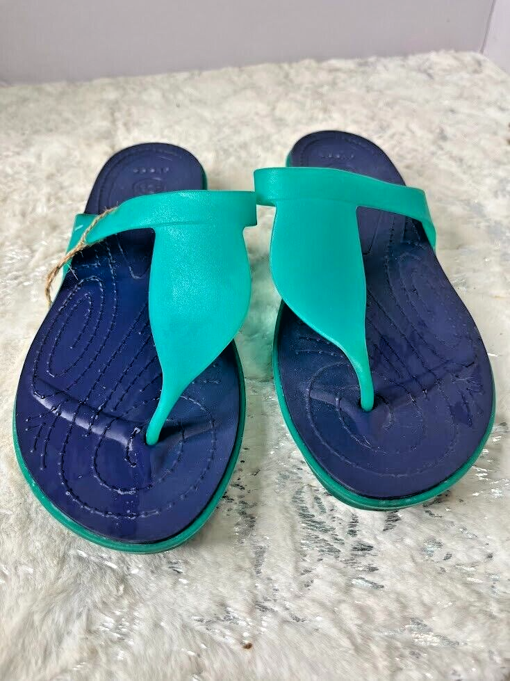 CROCS-Rio Flip Flops Teal Green/Navy Jelly Thong Slide Sandals