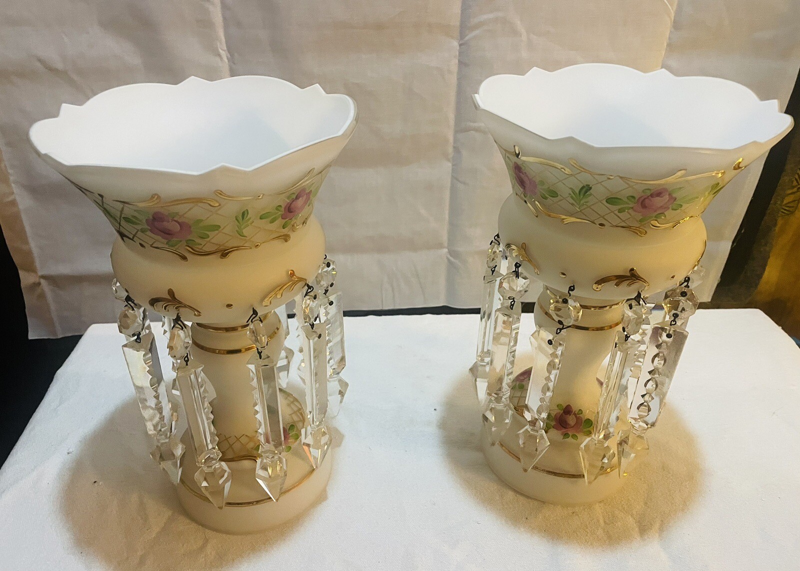 Antique Bohemian 10.5” Mantle Lusters. White Hand Painted W/ Crystal