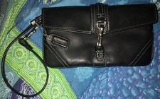 RARE VINTAGE COACH BLACK LEATHER WRISTLET HOOK CLASP CLUTCH CONTRAST STITCH