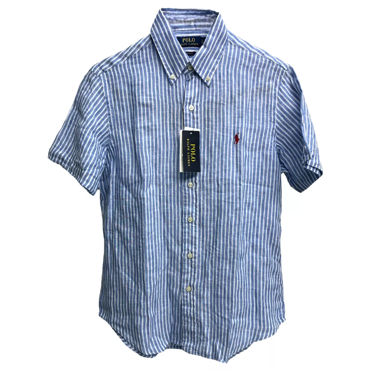 Polo Ralph Lauren Classic Fit 100% Linen Blue Stripe Short Sleeve Shirt $110