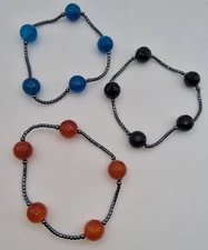 Set Of 3 Bead Fashion Expandable Bracelets Blue/Black/Orange Adult Size 