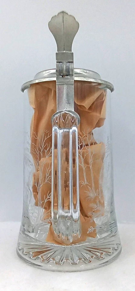 Vintage Domex Beer Stein Mug Etched Clear Glass Zinc Flip Top Bear Moose Trees - Image 4 of 4